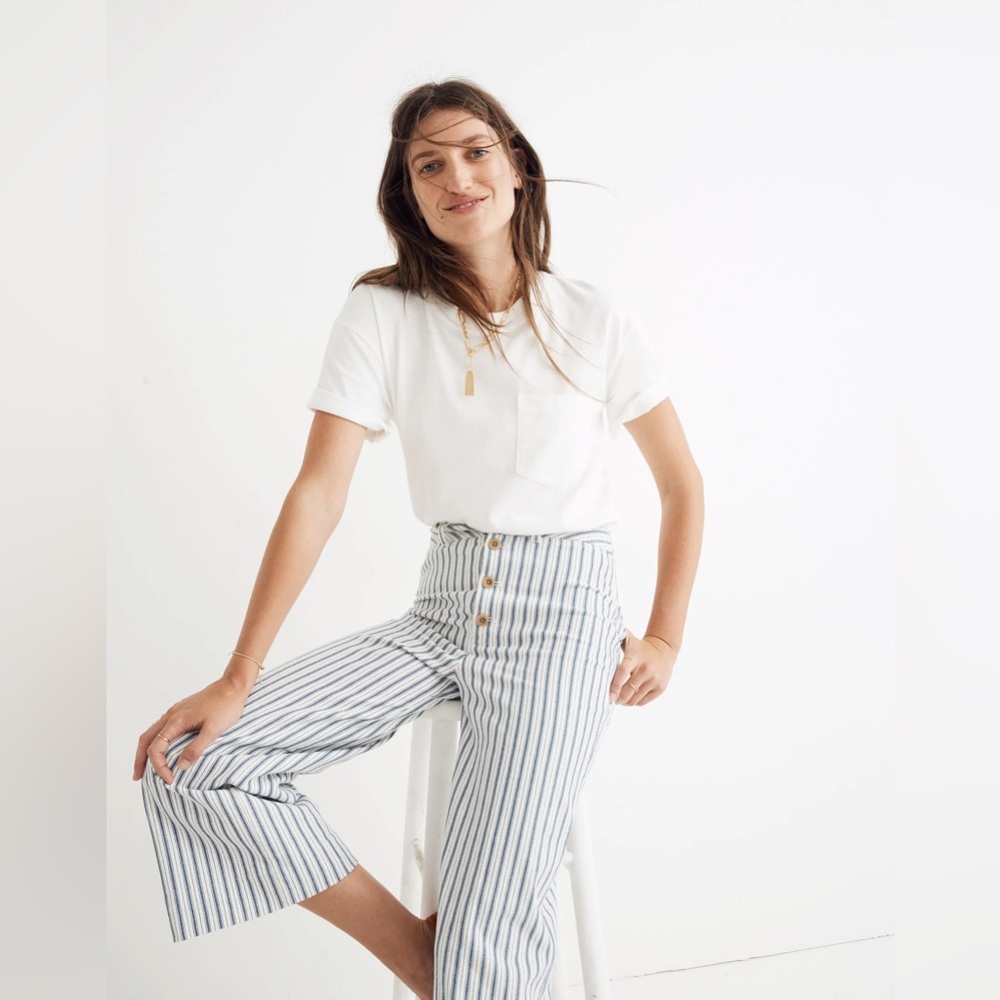 Madewell Emmett Wide-Leg Crop Pants Button-Front Edition 27 Blue/White Stripe